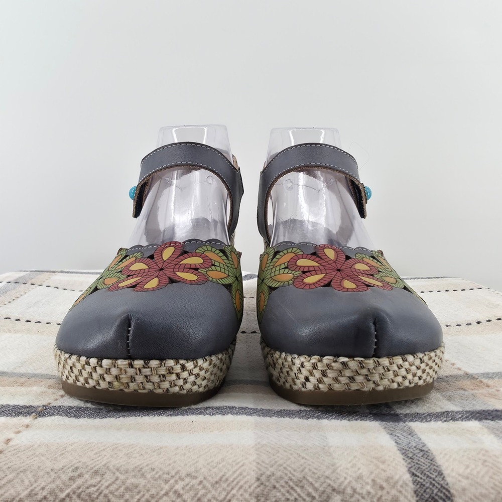L'Artiste Fusta-Blum Leather Floral Wedge Sandals Women 38 Hand Painted Rose - Picture 3 of 15